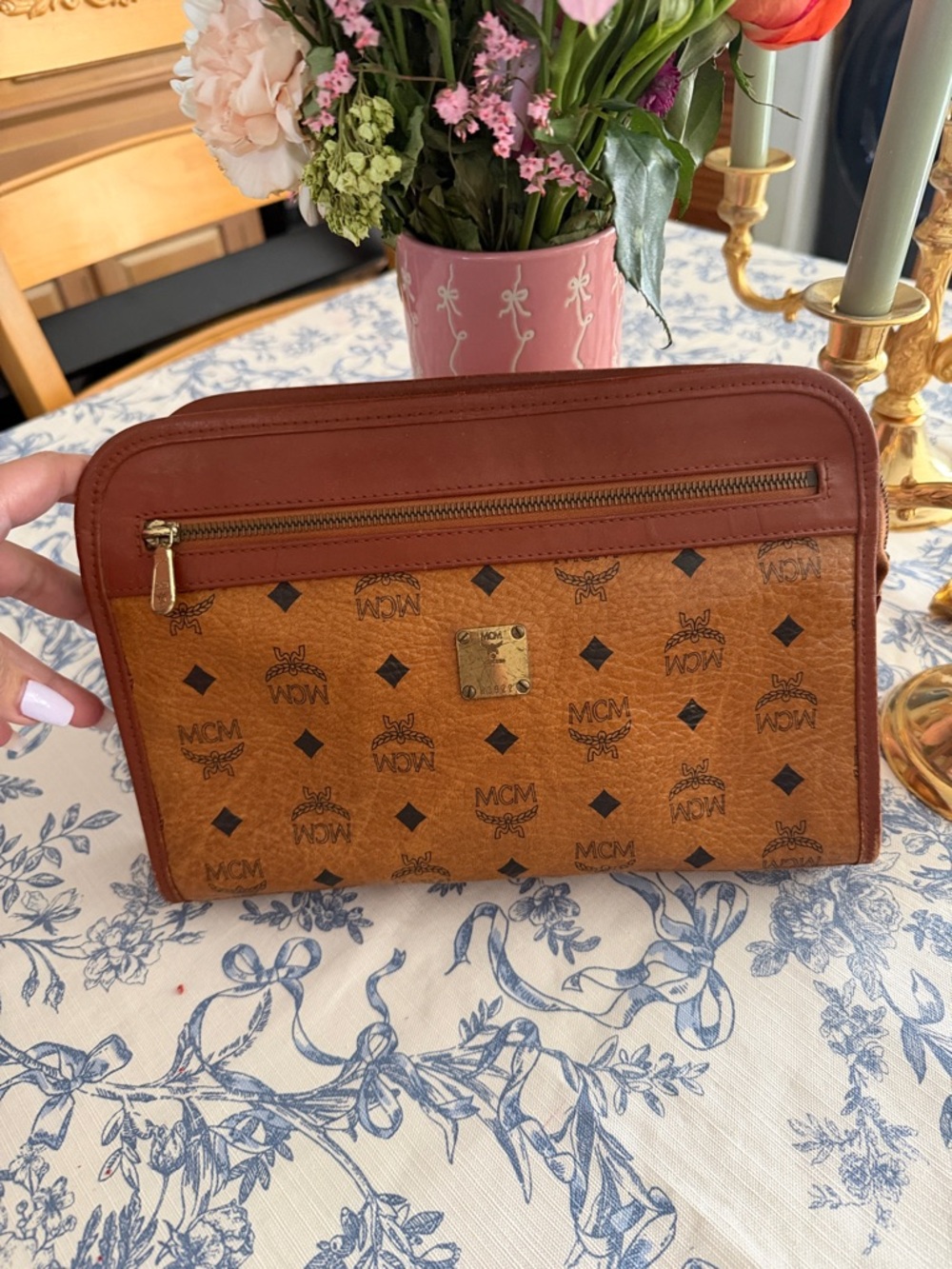 MCM Cognac/Tan Monogram Leather Zip Pouch with Gold Hardware